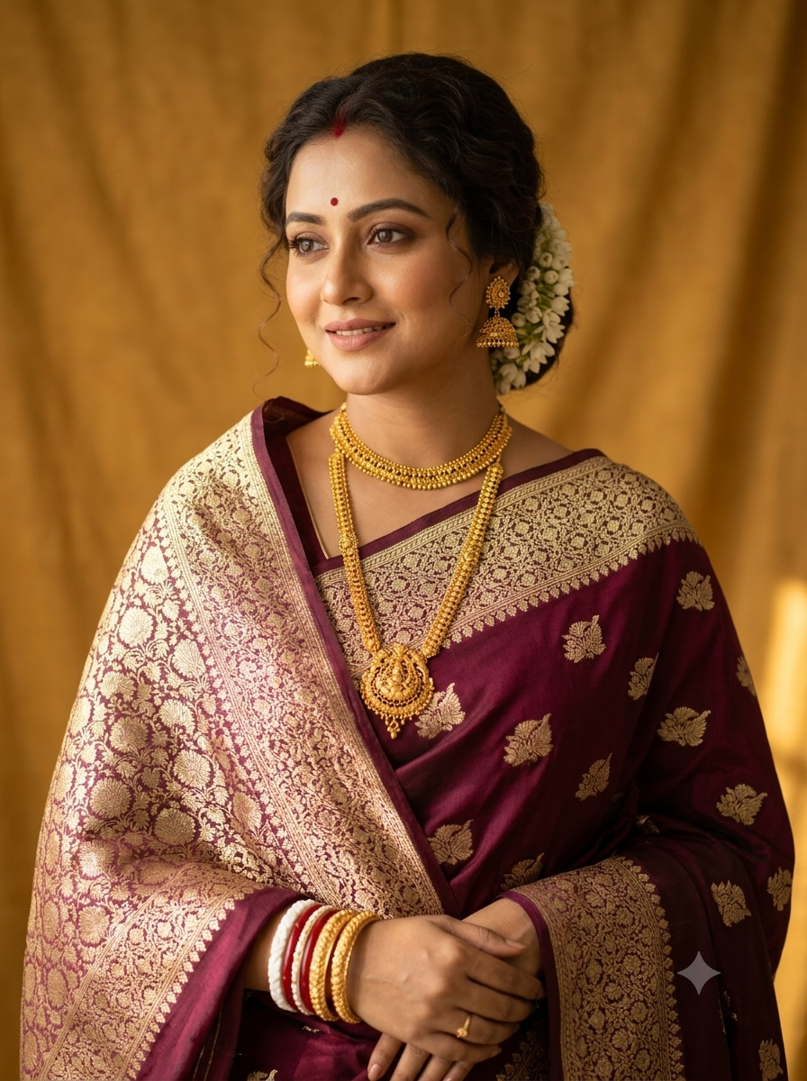 Banarasi-Inspired Silk Saree with Heavy Gold Zari Border