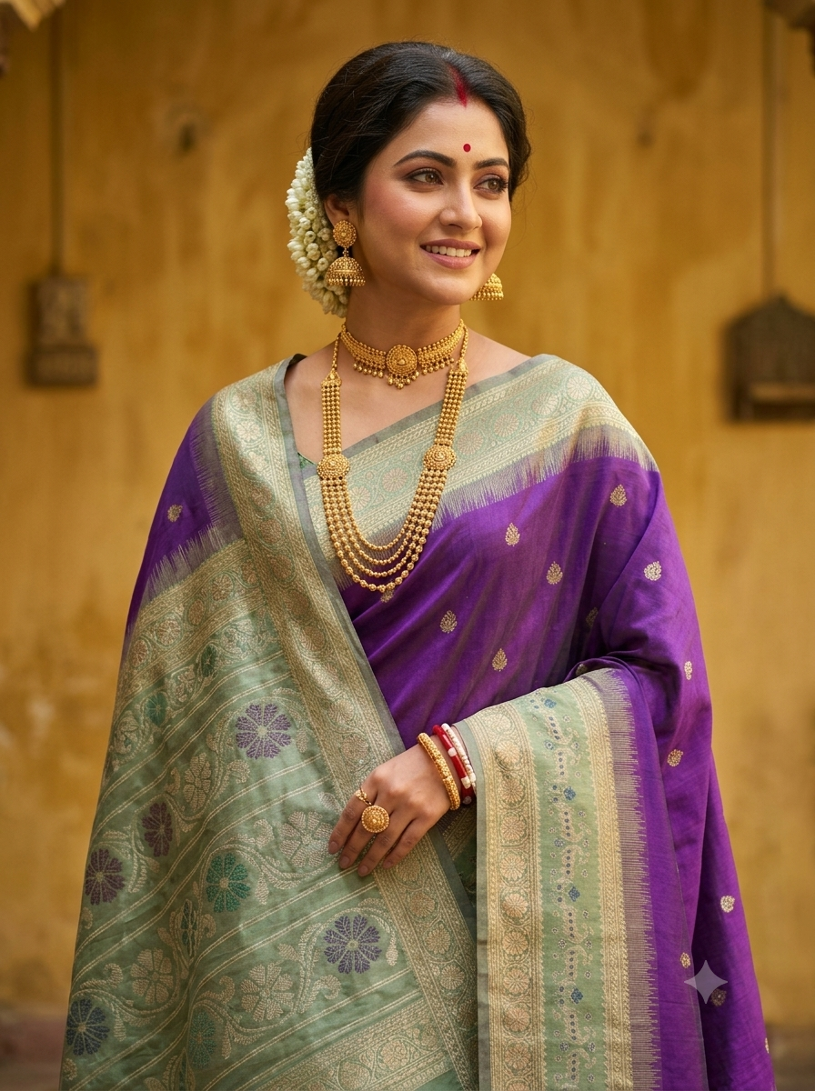Woven Saree with Mint Green Floral Pallu