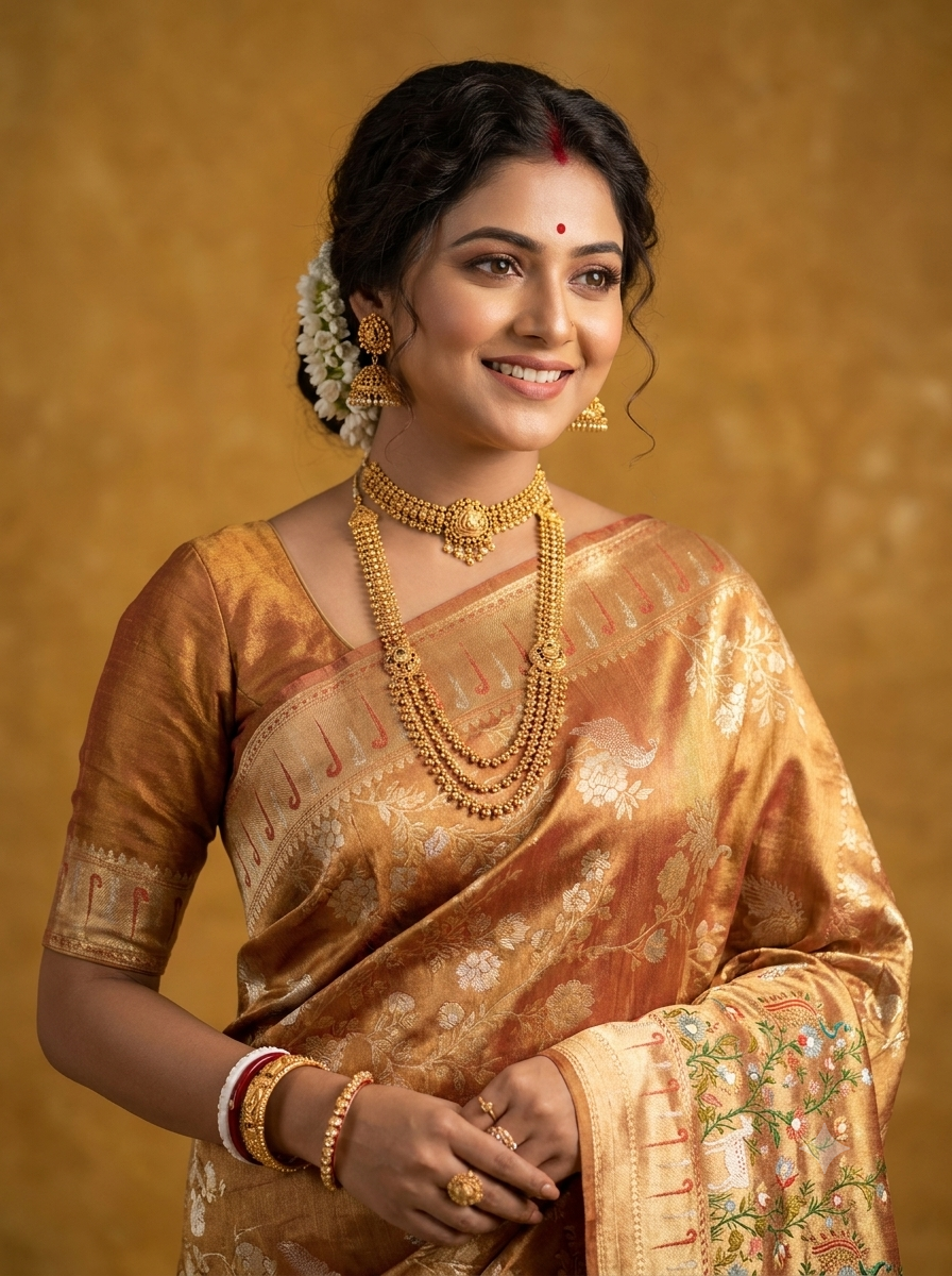 Regal Golden Tissue Kanjeevaram Silk Saree with Rich Zari Border