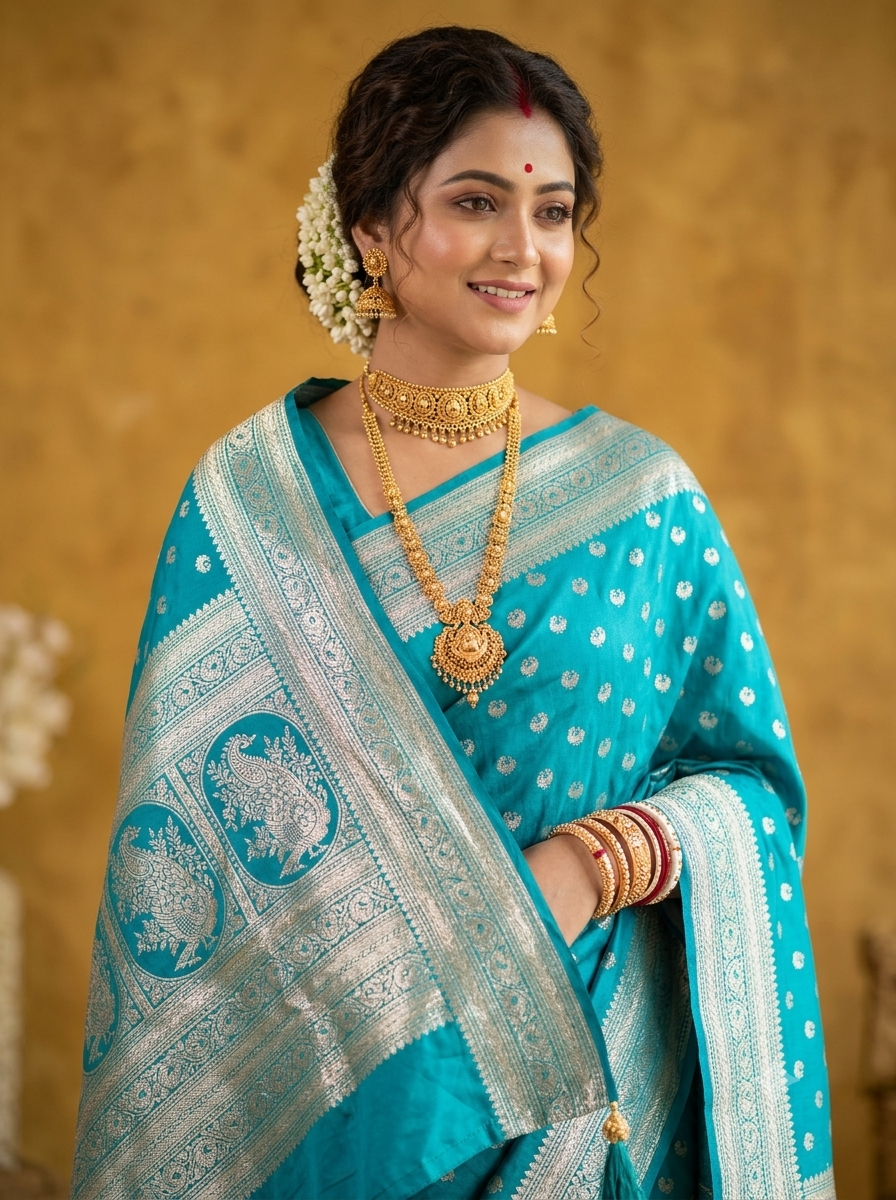 Exquisite Turquoise Katan Silk Saree with Traditional Gold Zari Elephant Motifs