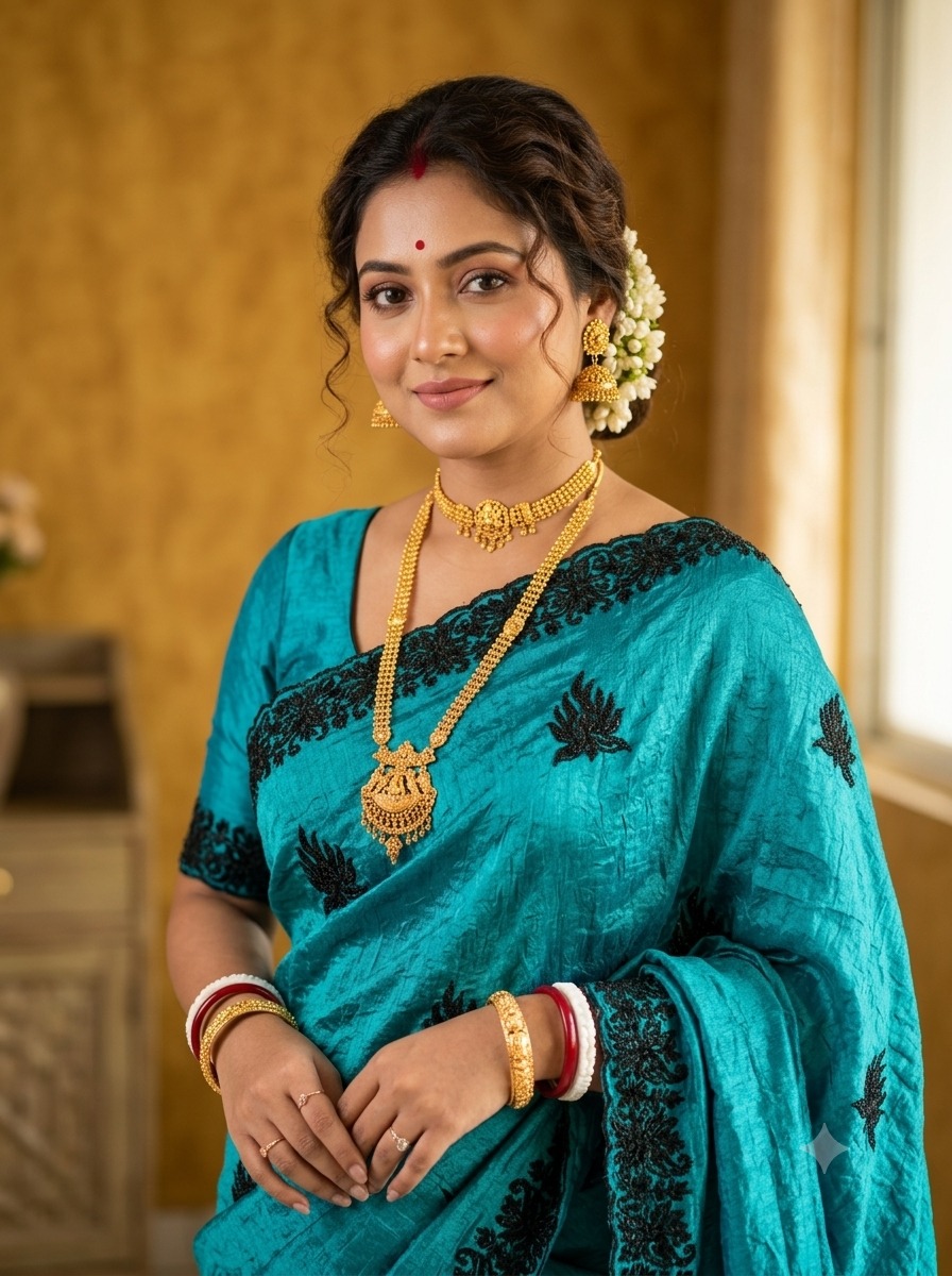 Vibrant Teal Crinkle Silk Saree with Majestic Black Embroidery