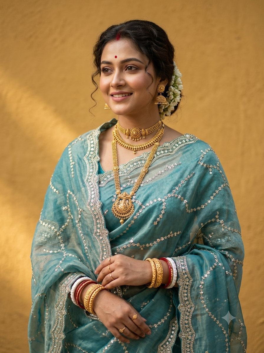 Shimmering Teal Trellis Saree
