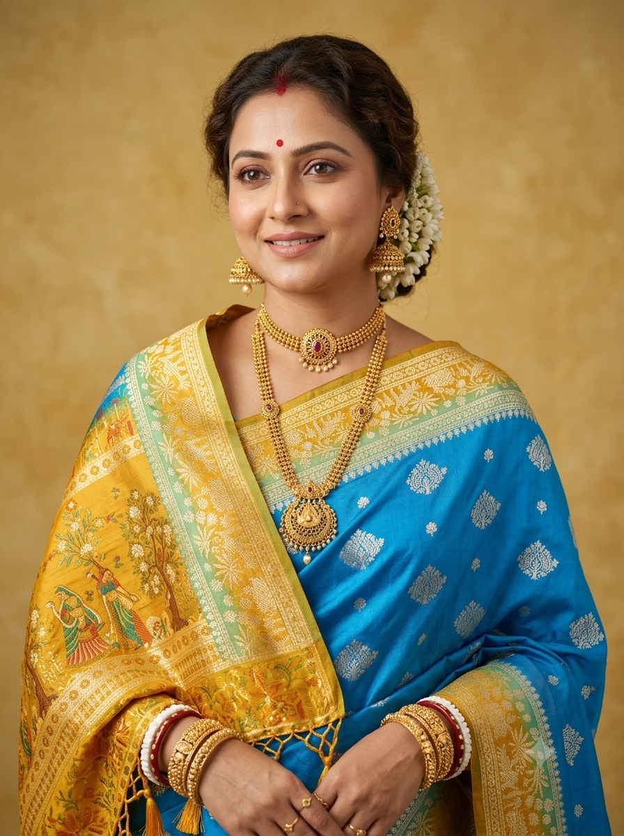 Silk Saree with Contrast Mustard Storytelling Pallu