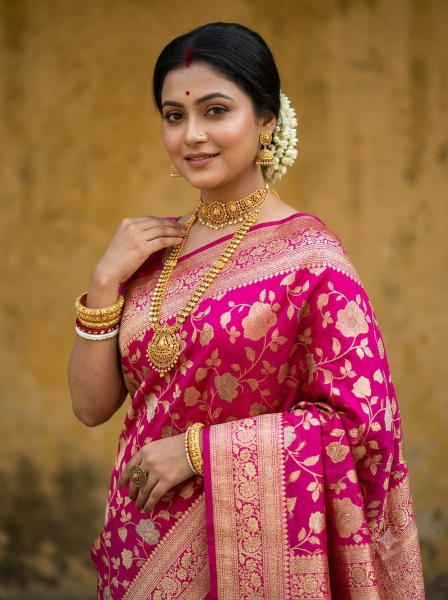 Katan Silk Saree with Gold Zari Floral Work