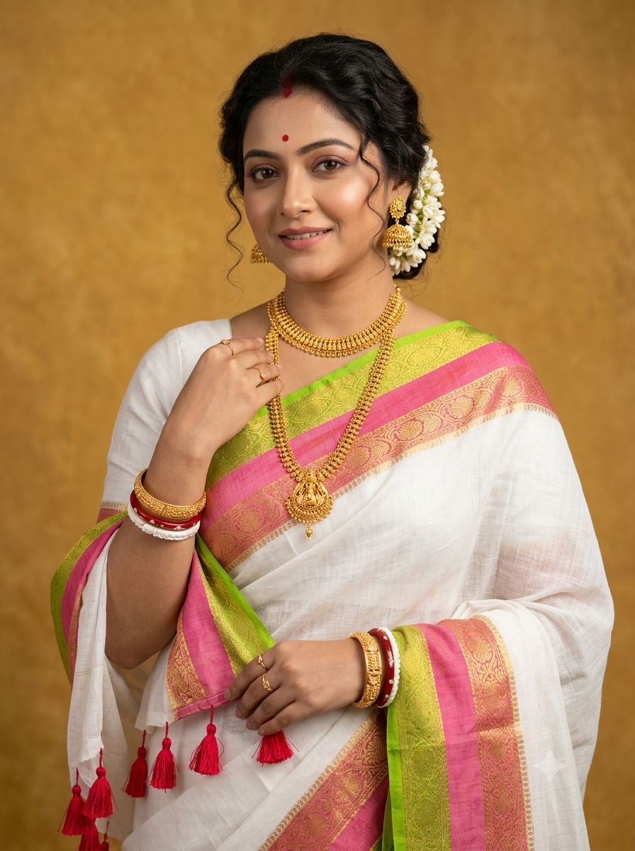 Elegant White Mulmul Cotton Saree with Shimmering Zari Border