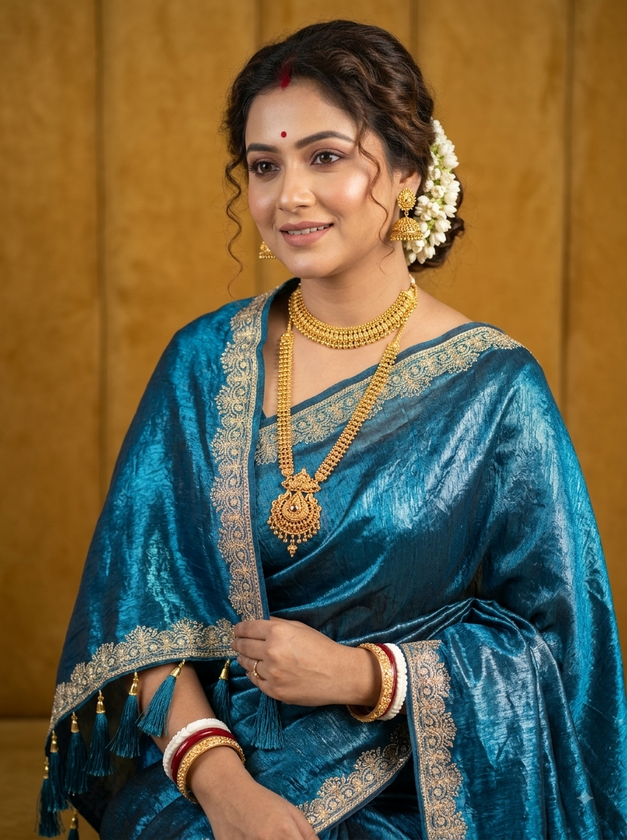 Zardozi Embroidered Dupion Silk Saree with Tassels